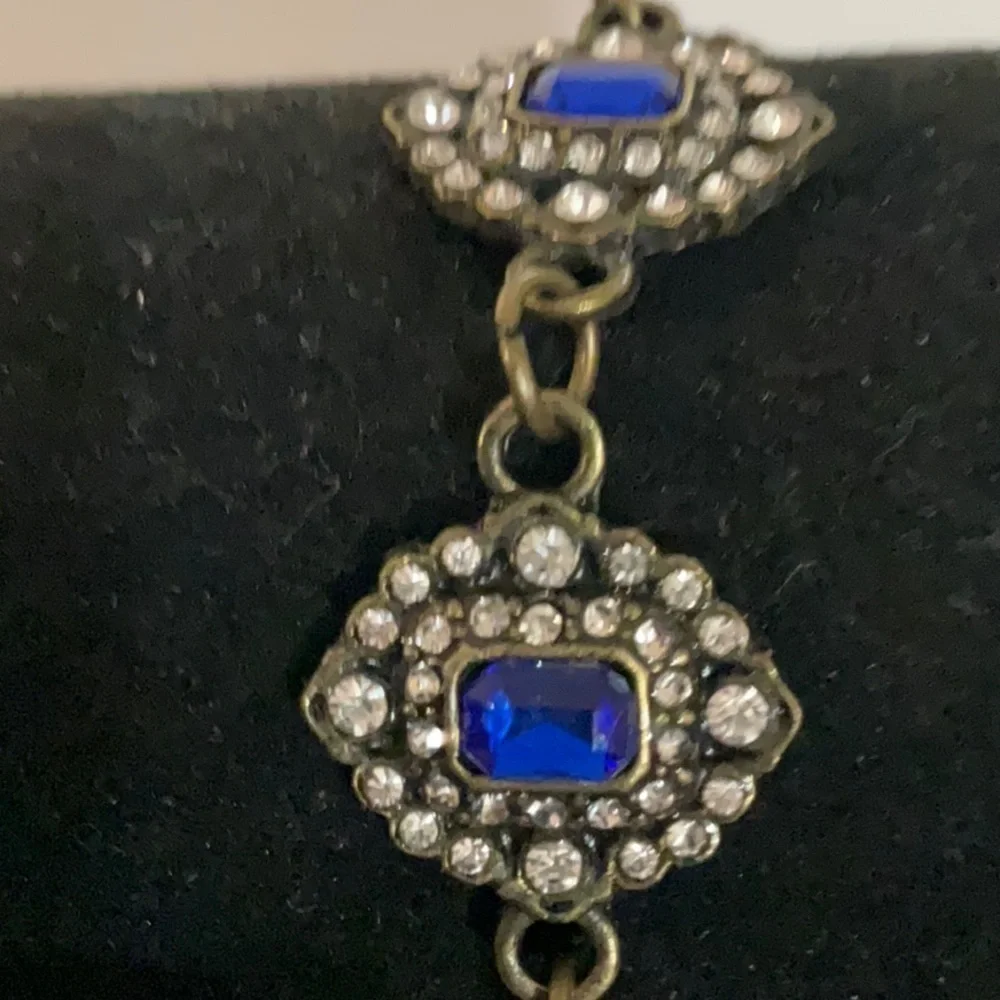 Hand Crafted Bracelet Blue Crystals Clear Rhinestones Bronze Magnetic Clasp